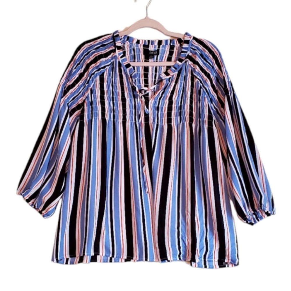a.n.a Striped Blue Blouse Top Smocktop Ruffle Neck Tie‎ Shirt Size Large Women
